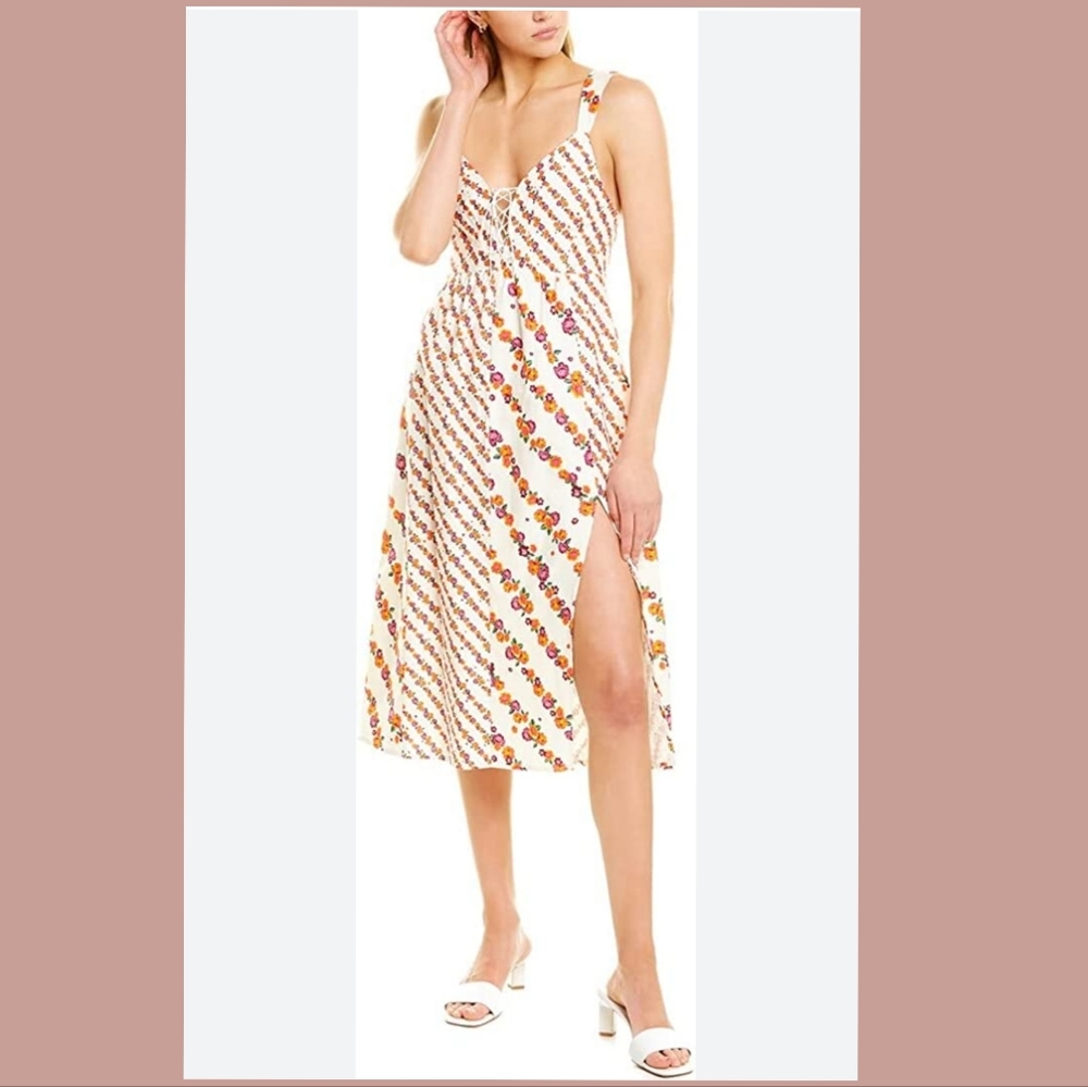 NWT For Love & Lemons Georgia Linen-Blend Floral Midi Dress, Medium